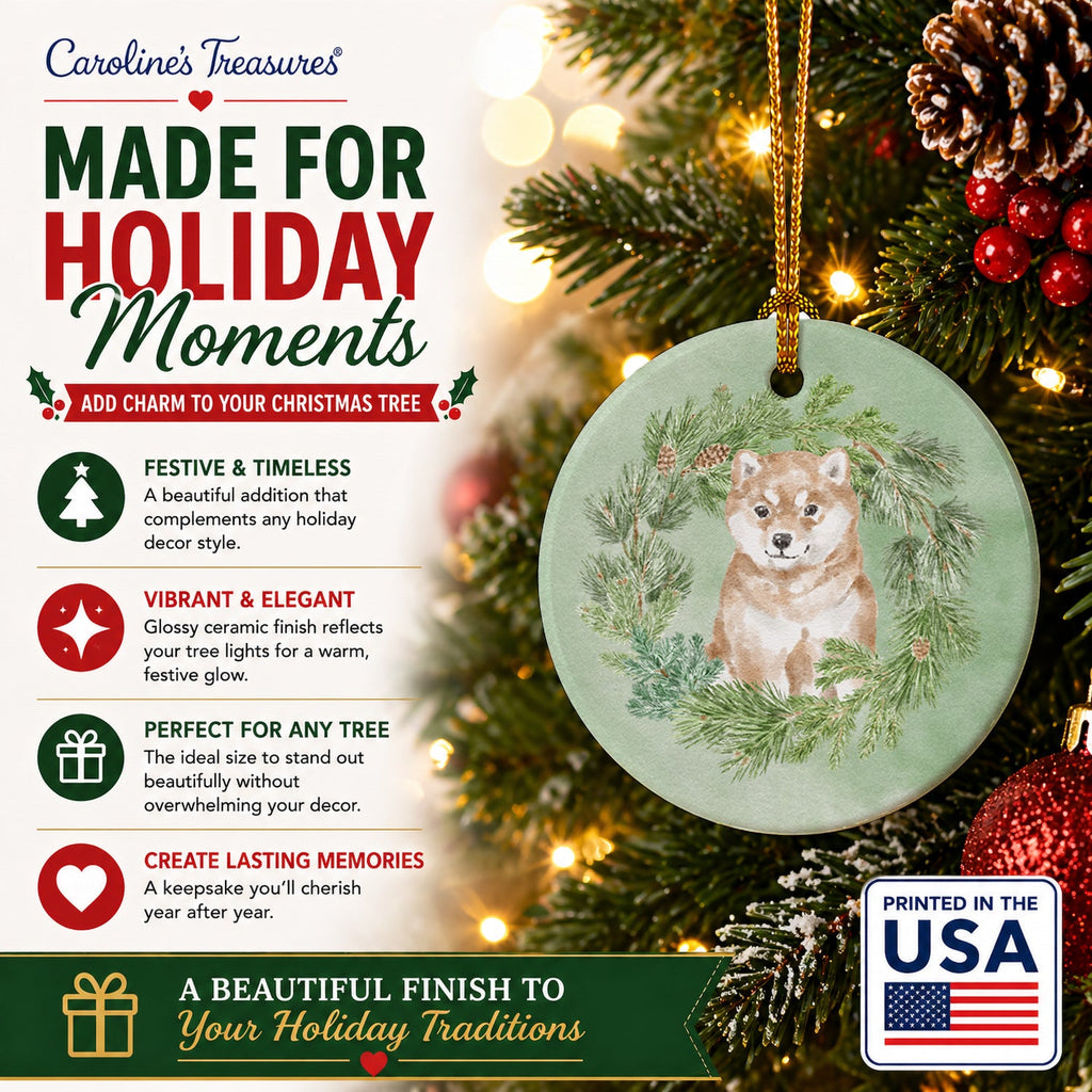 Shiba Inu Puppy Sitting Pretty Christmas Wreath Ceramic Ornament Christmas Tree Hanging Decorations for Home Christmas Holiday, Party, Gift, 3 in, Multicolor