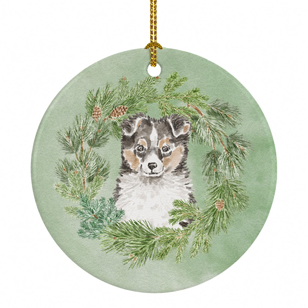Sheltie/Shetland Sheepdog Puppy Tricolor  Christmas Wreath Ceramic Ornament Christmas Tree Hanging Decorations for Home Christmas Holiday, Party, Gift, 3 in, Multicolor