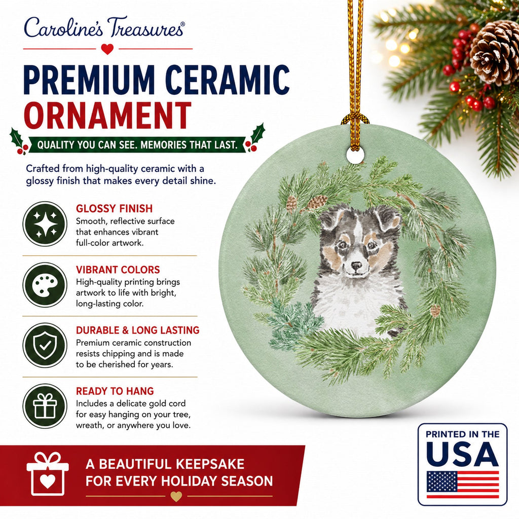 Sheltie/Shetland Sheepdog Puppy Tricolor  Christmas Wreath Ceramic Ornament Christmas Tree Hanging Decorations for Home Christmas Holiday, Party, Gift, 3 in, Multicolor