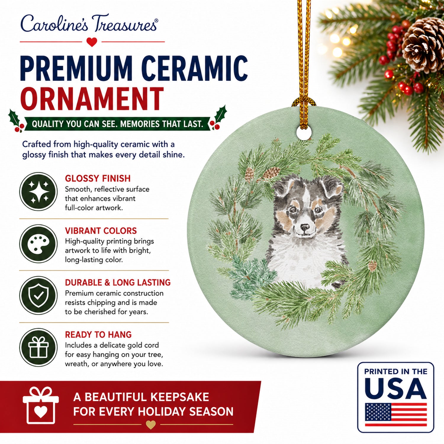 Sheltie/Shetland Sheepdog Puppy Tricolor  Christmas Wreath Ceramic Ornament Christmas Tree Hanging Decorations for Home Christmas Holiday, Party, Gift, 3 in, Multicolor