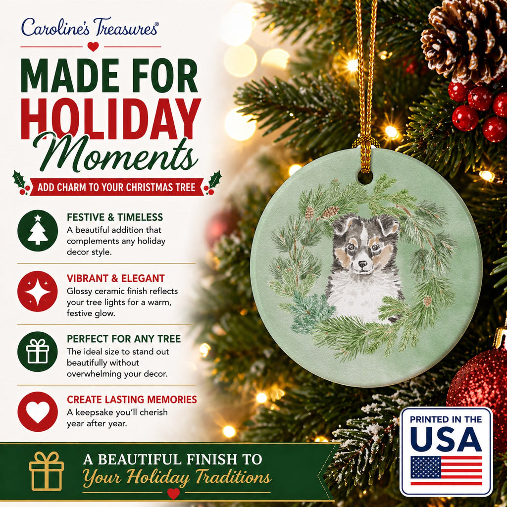 Sheltie/Shetland Sheepdog Puppy Tricolor  Christmas Wreath Ceramic Ornament Christmas Tree Hanging Decorations for Home Christmas Holiday, Party, Gift, 3 in, Multicolor