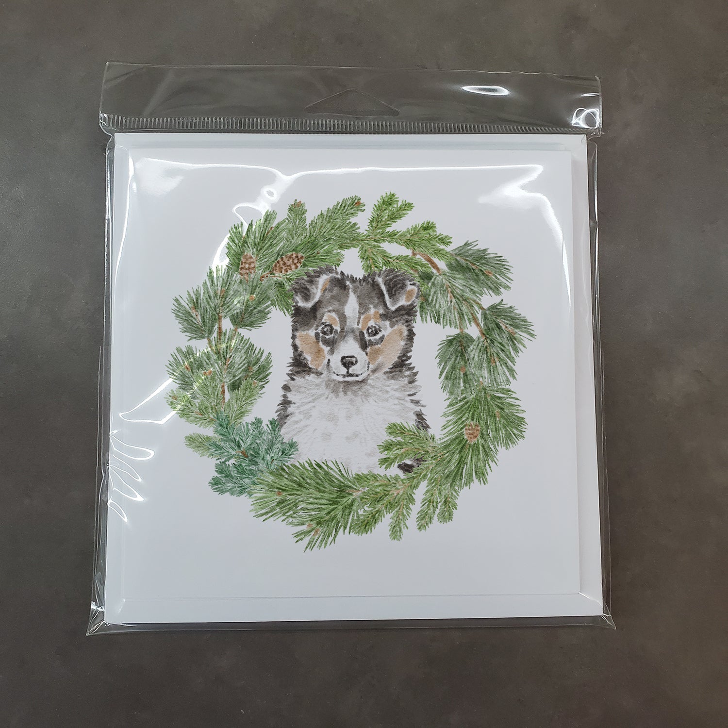 Sheltie/Shetland Sheepdog Puppy Tricolor  Christmas Wreath Square Greeting Cards and Envelopes Pack of 8 Blank Cards with Envelopes Blank Thank You Note Greeting Cards Stationery