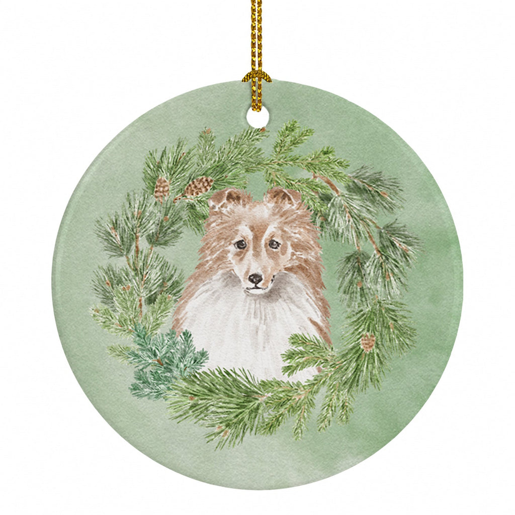 Sheltie/Shetland Sheepdog Adult Sable Christmas Wreath Ceramic Ornament Christmas Tree Hanging Decorations for Home Christmas Holiday, Party, Gift, 3 in, Multicolor
