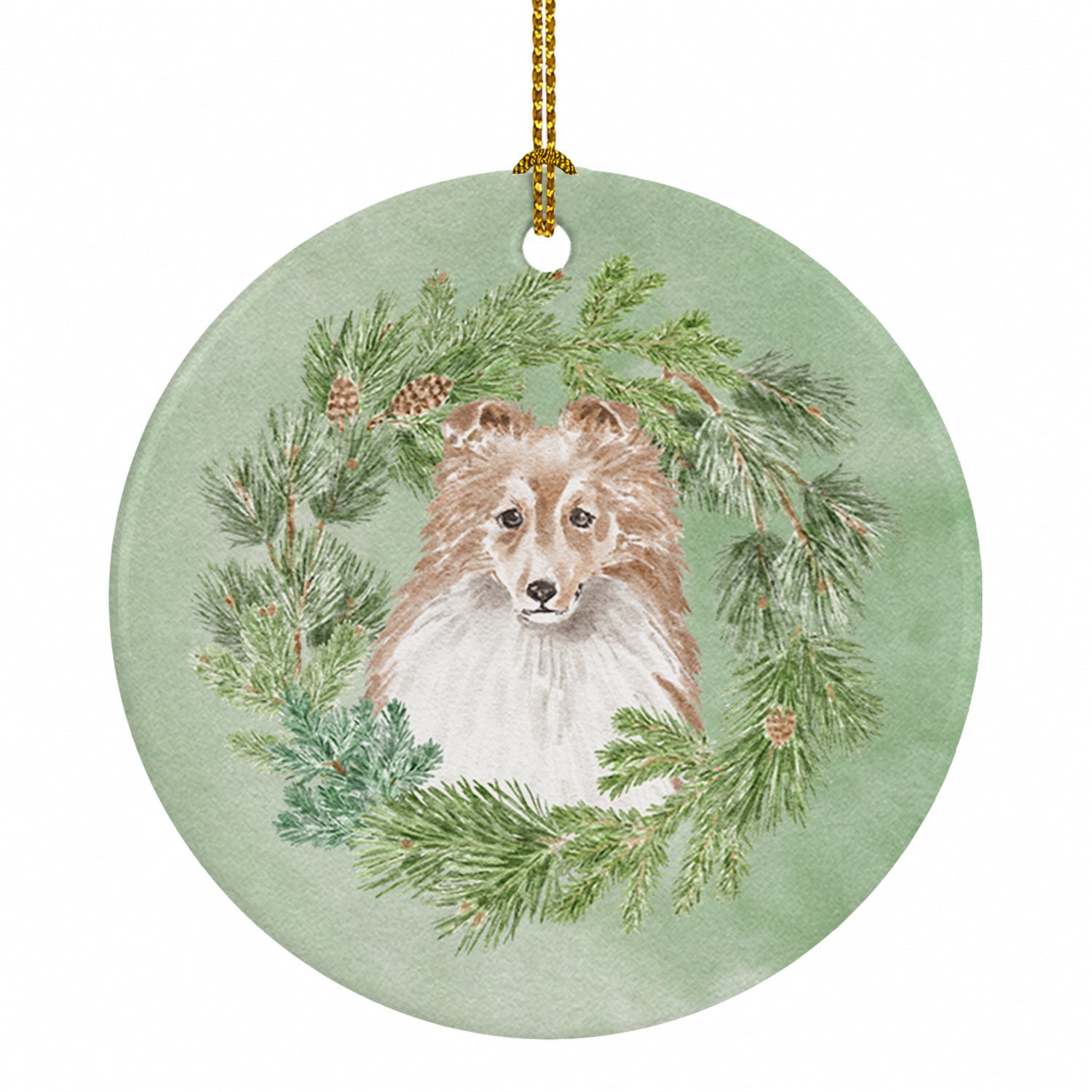 Sheltie/Shetland Sheepdog Adult Sable Christmas Wreath Ceramic Ornament Christmas Tree Hanging Decorations for Home Christmas Holiday, Party, Gift, 3 in, Multicolor