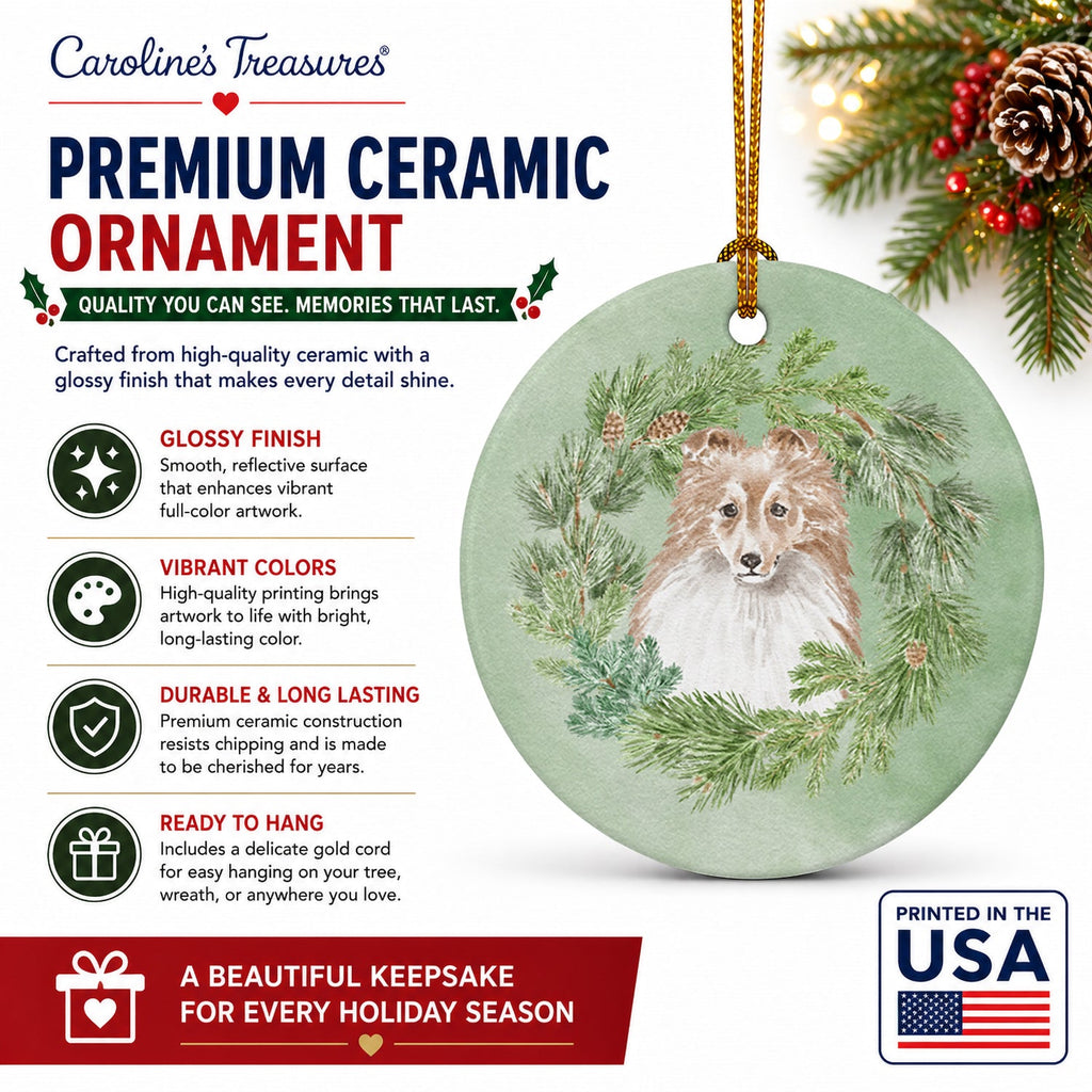 Sheltie/Shetland Sheepdog Adult Sable Christmas Wreath Ceramic Ornament Christmas Tree Hanging Decorations for Home Christmas Holiday, Party, Gift, 3 in, Multicolor