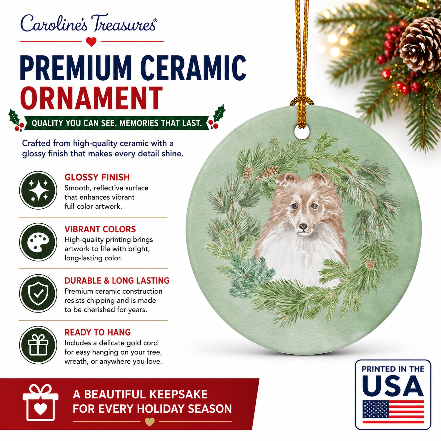 Sheltie/Shetland Sheepdog Adult Sable Christmas Wreath Ceramic Ornament Christmas Tree Hanging Decorations for Home Christmas Holiday, Party, Gift, 3 in, Multicolor
