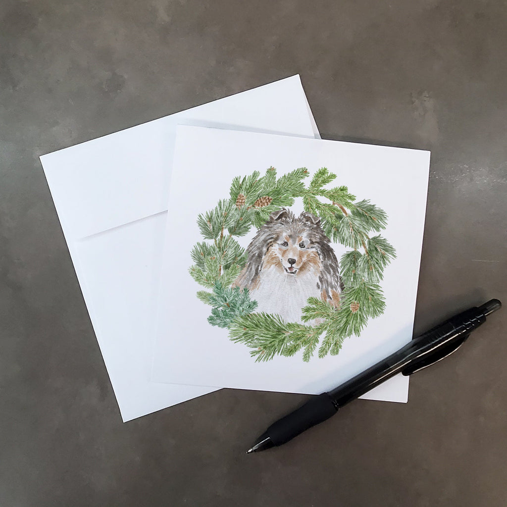 Sheltie/Shetland Sheepdog Tricolor Smiling #1 Christmas Wreath Square Greeting Cards and Envelopes Pack of 8 Blank Cards with Envelopes Blank Thank You Note Greeting Cards Stationery