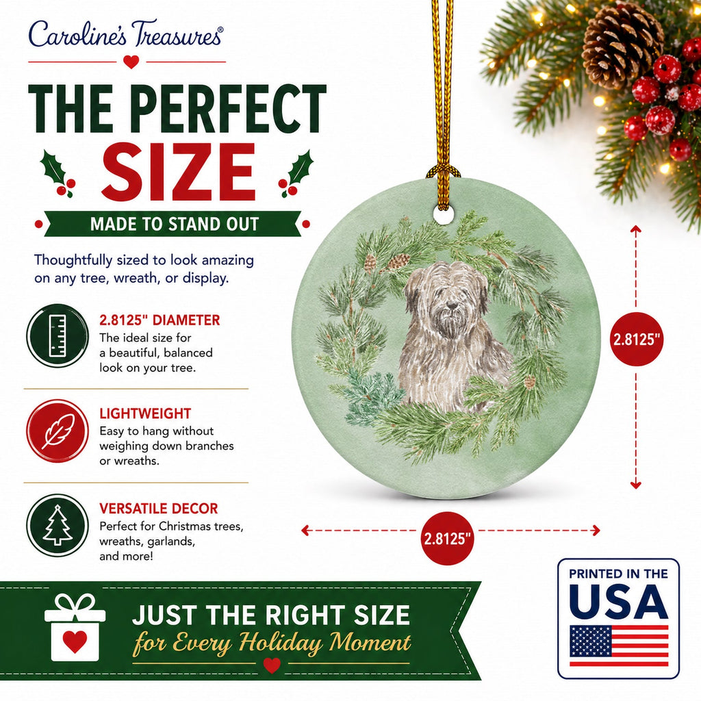 Briard Christmas Wreath Ceramic Ornament Christmas Tree Hanging Decorations for Home Christmas Holiday, Party, Gift, 3 in, Multicolor