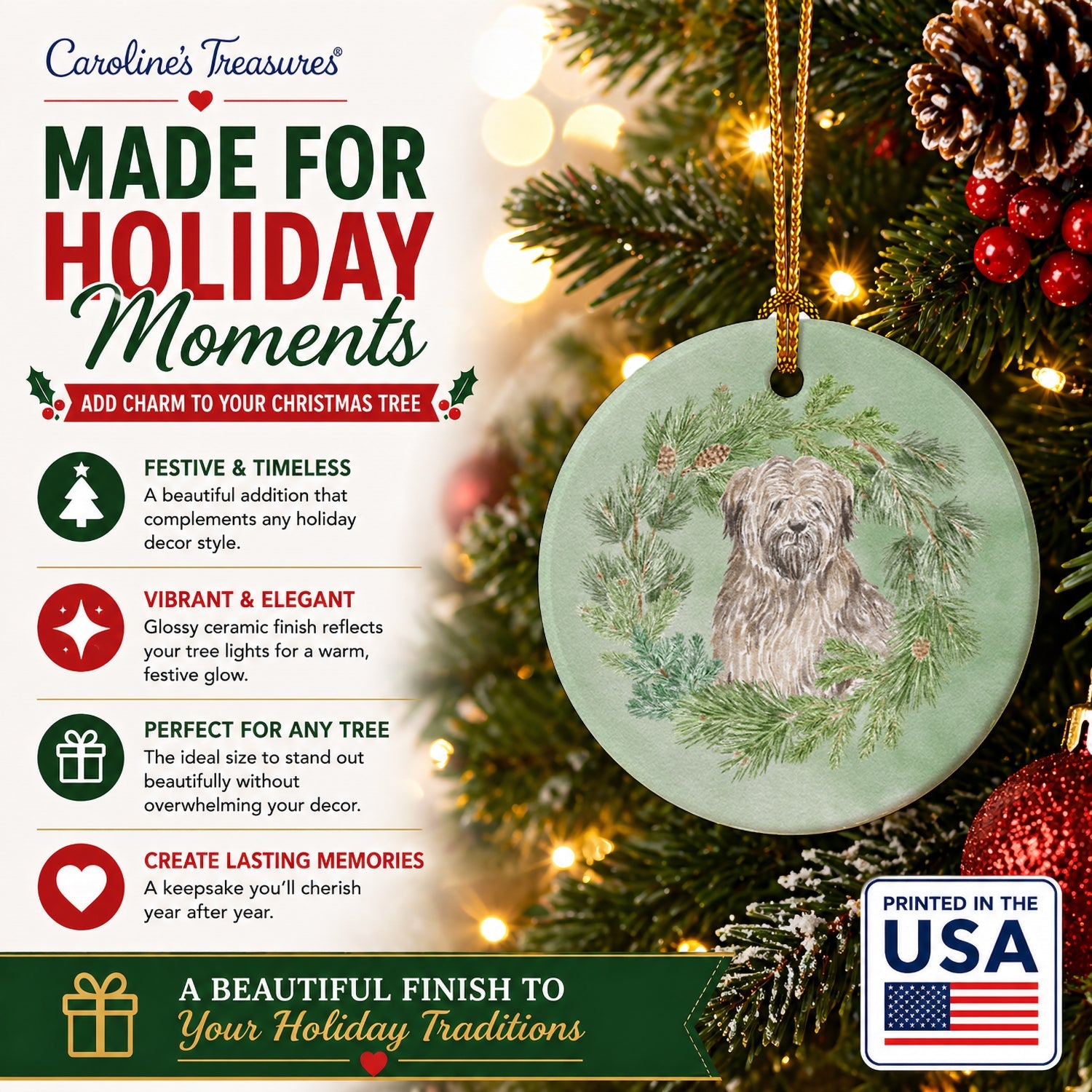 Briard Christmas Wreath Ceramic Ornament Christmas Tree Hanging Decorations for Home Christmas Holiday, Party, Gift, 3 in, Multicolor