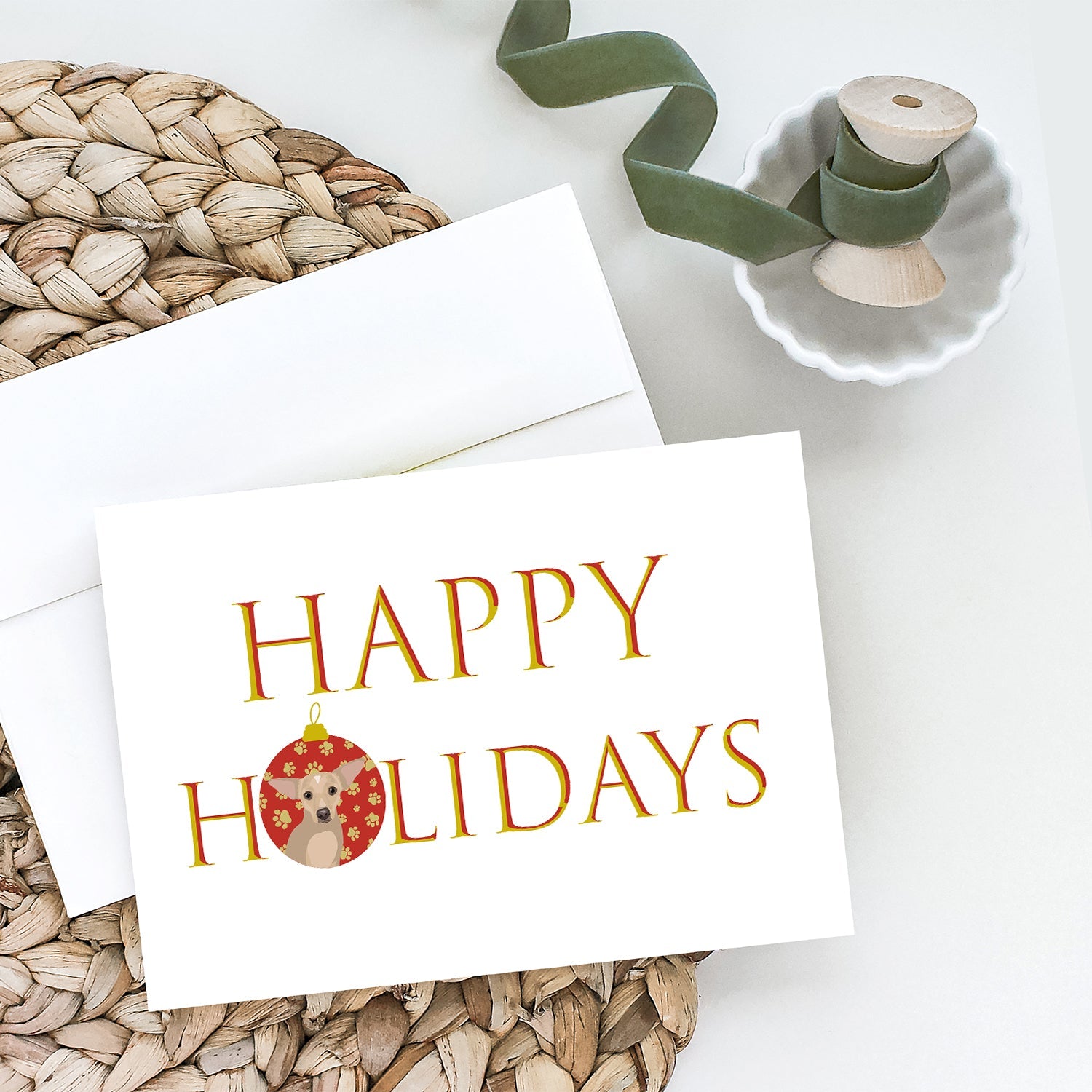 Chihuahua Silver Happy Holidays Greeting Cards Pack of 8 Blank Cards with Envelopes Whimsical A7 Size 5x7