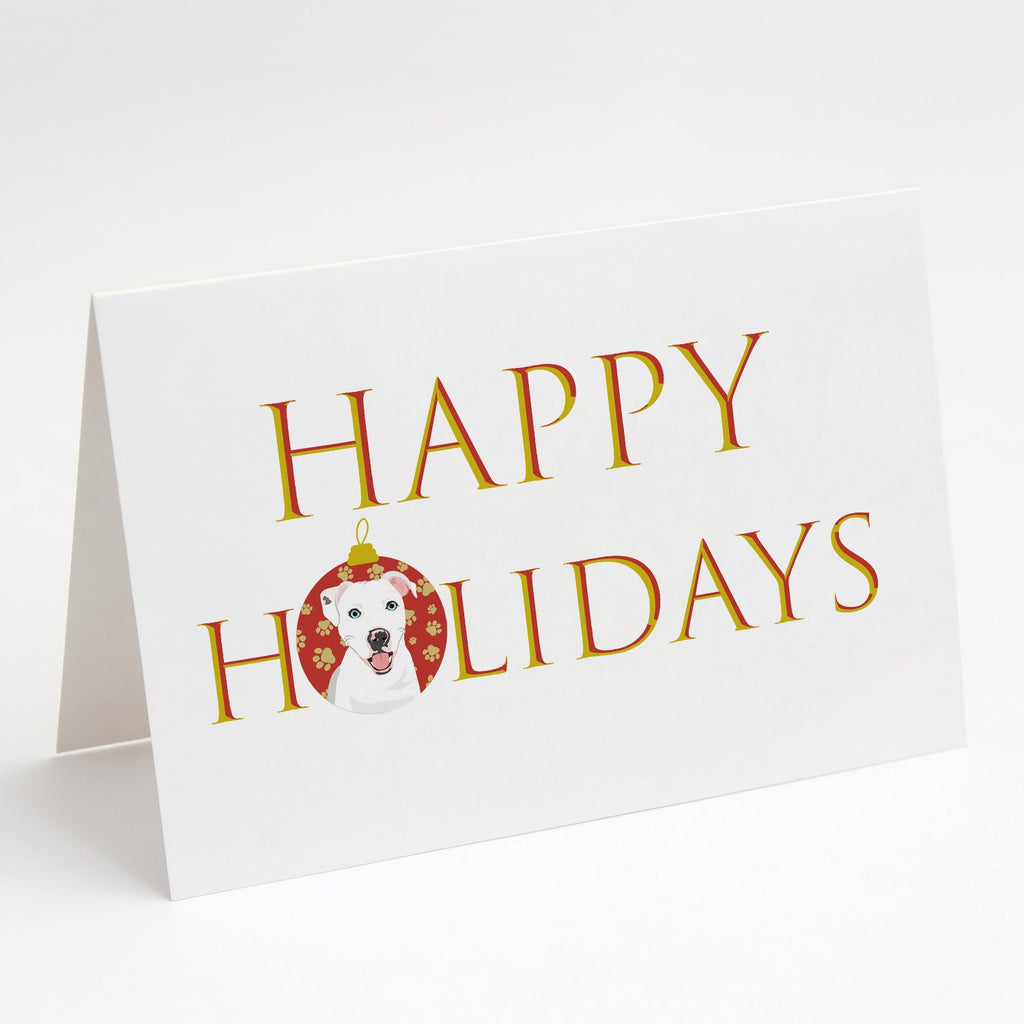 Pit Bull White #1 Happy Holidays Greeting Cards Pack of 8 Blank Cards with Envelopes Whimsical A7 Size 5x7
