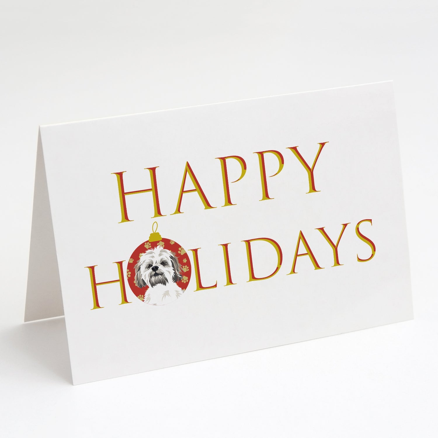 Shih-Tzu Silver Gold and White #1 Happy Holidays Greeting Cards Pack of 8 Blank Cards with Envelopes Whimsical A7 Size 5x7