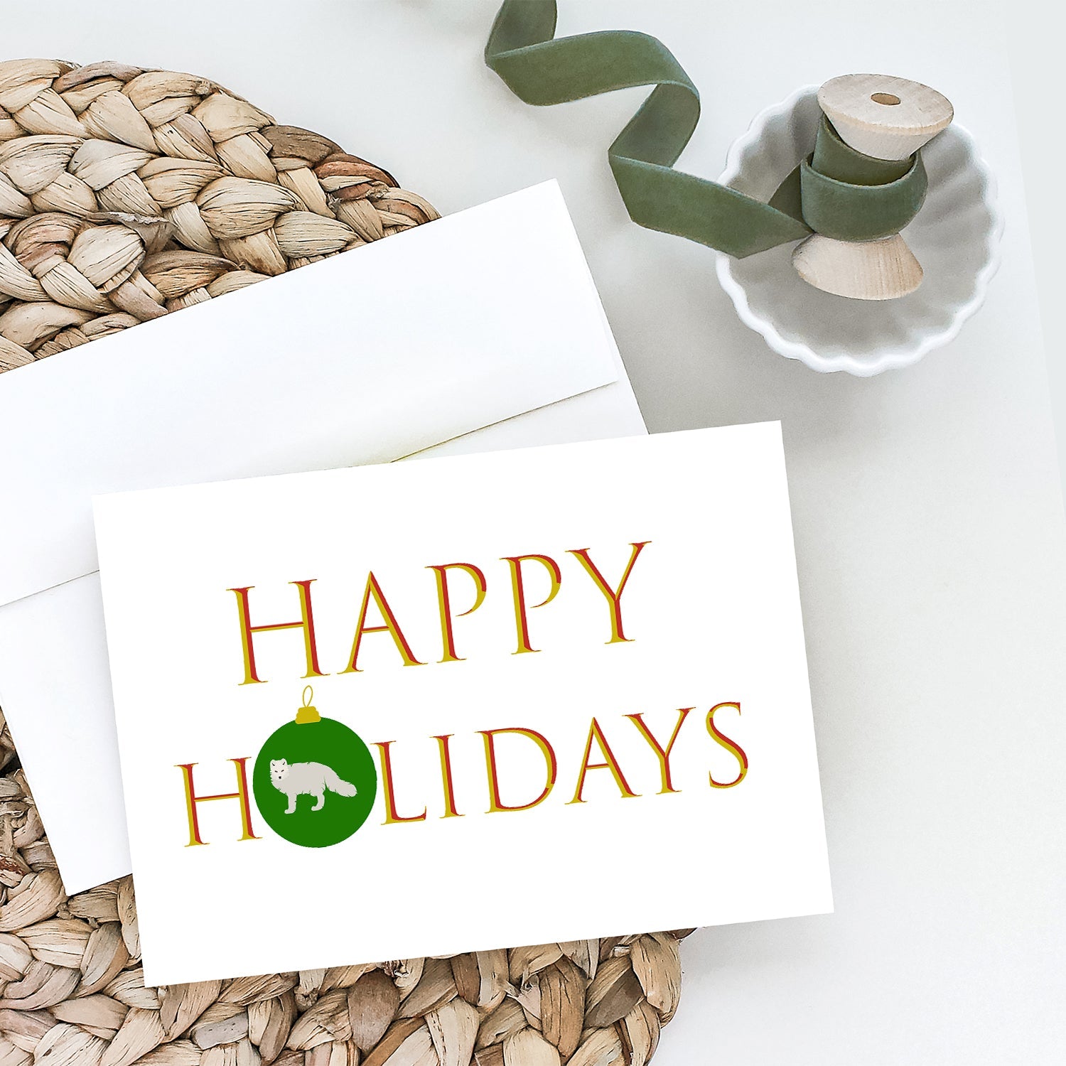 Foxes - White Arctic Fox Happy Holidays Greeting Cards Pack of 8 Blank Cards with Envelopes Whimsical A7 Size 5x7
