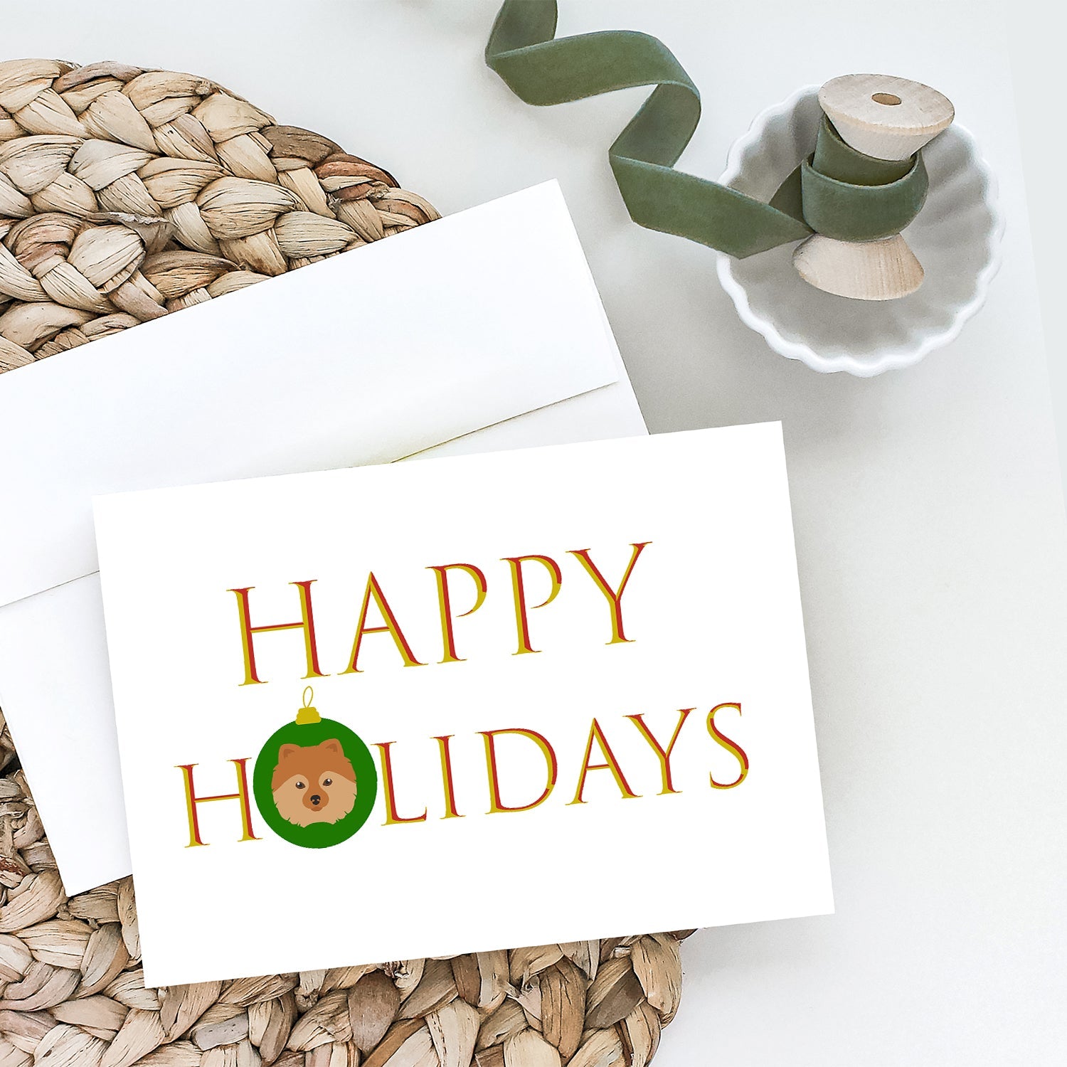 German Spitz - Dog Face Happy Holidays Christmas Greeting Cards Pack of 8 Blank Cards with Envelopes Whimsical A7 Size 5x7