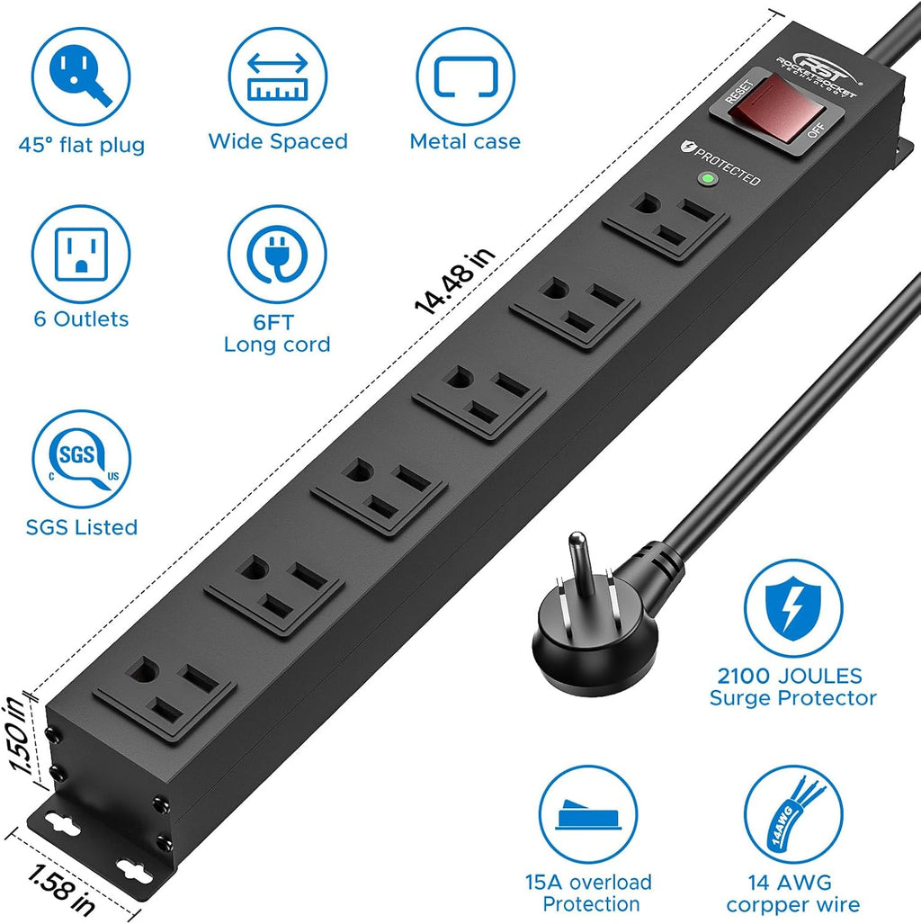 CRST 6 Outlets Wide Spaced Mountable Metal Power Strip Surge Protector, 2100 Joules Protection, Easy Mounting
