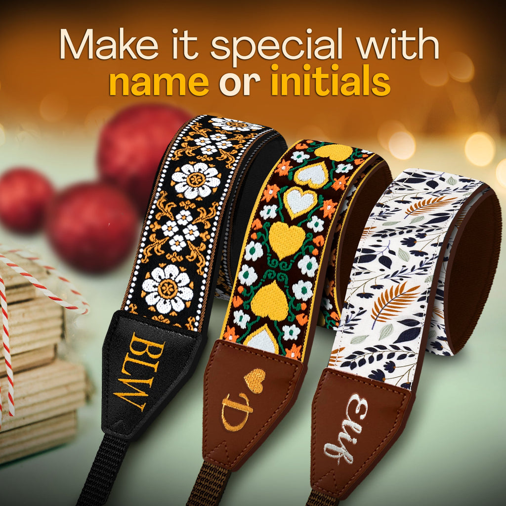Personalized Embroidered White Leaves Camera Strap - Camera Strap for SLR/ DSLR