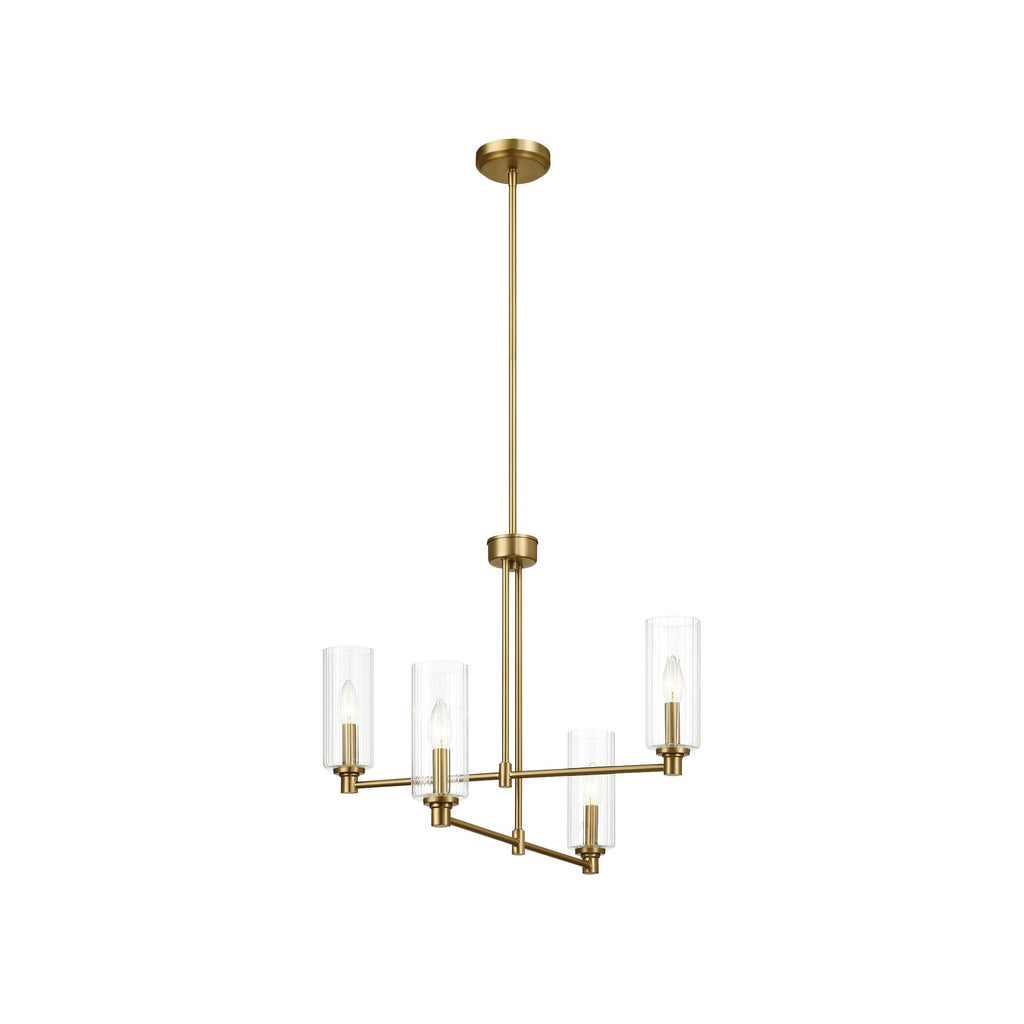 4-Light Pendant Chandelier – Clear Ribbed Glass Shades & Satin Brass Finish | Dining Room & Living Room