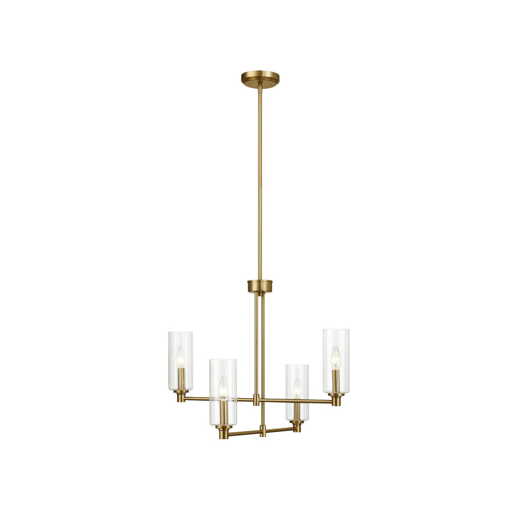 4-Light Pendant Chandelier – Clear Ribbed Glass Shades & Satin Brass Finish | Dining Room & Living Room