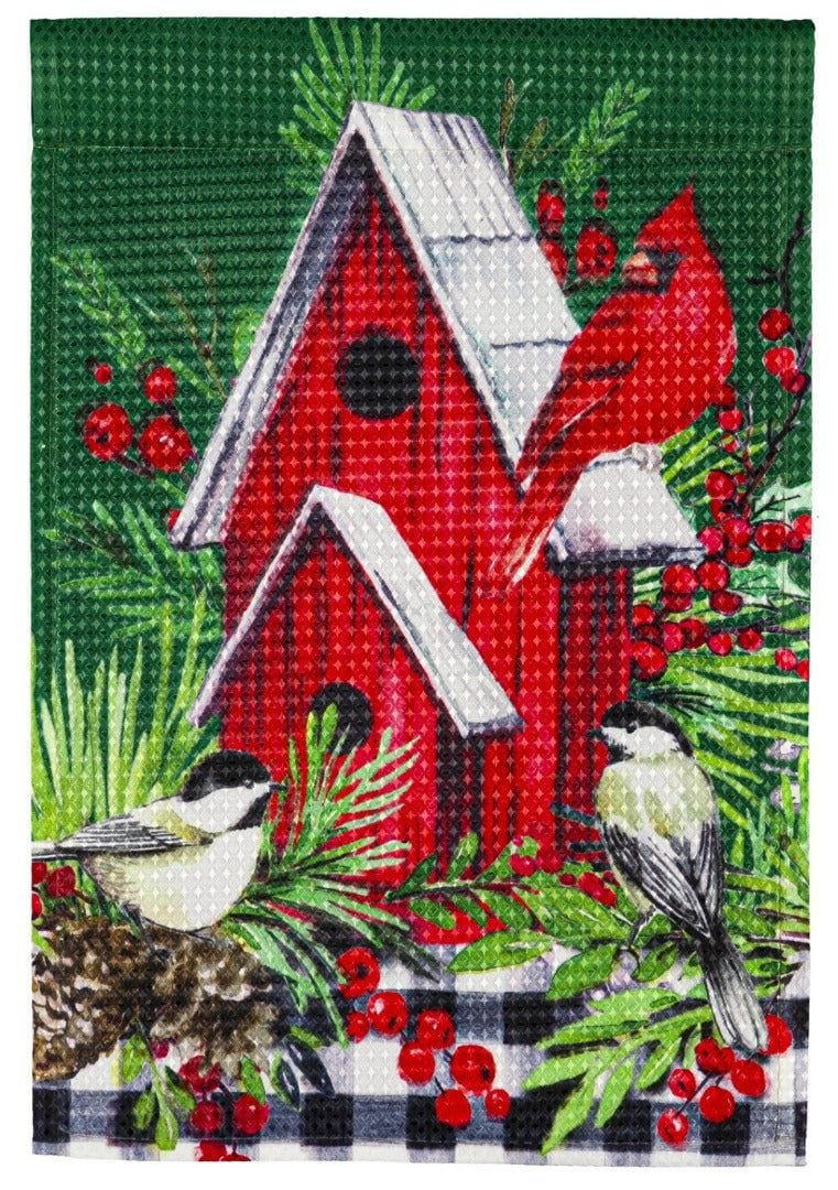 Cardinal Birdhouse Christmas Garden Flag 2 Sided Waffle