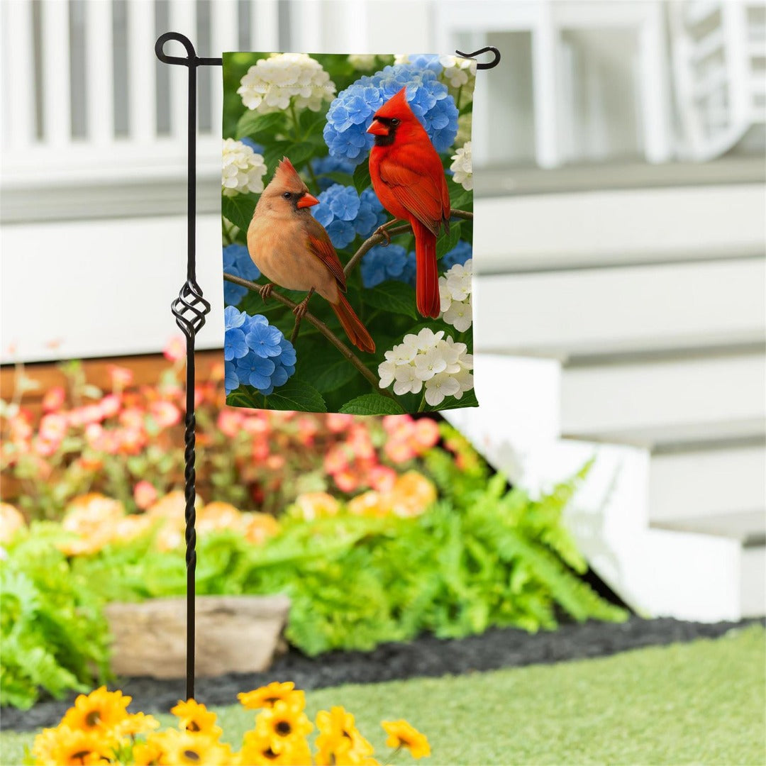 Cardinal Couple Among Hydrangeas 2-Sided Garden Flag | 12.5x18 Inches | Outdoor Decor