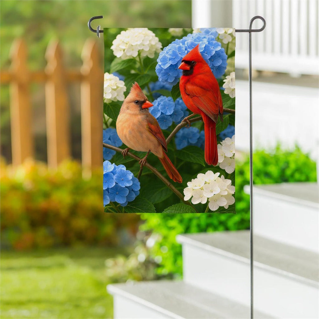 Cardinal Couple Among Hydrangeas 2-Sided Garden Flag | 12.5x18 Inches | Outdoor Decor