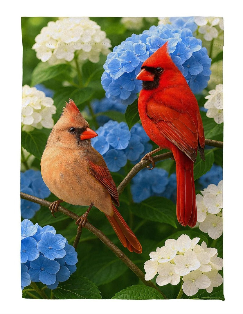 Cardinal Couple Among Hydrangeas 2-Sided Garden Flag | 12.5x18 Inches | Outdoor Decor