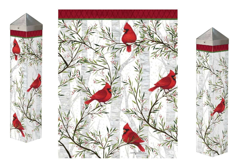 Cardinals In Birch Art Pole 20 Inches Tall Winter