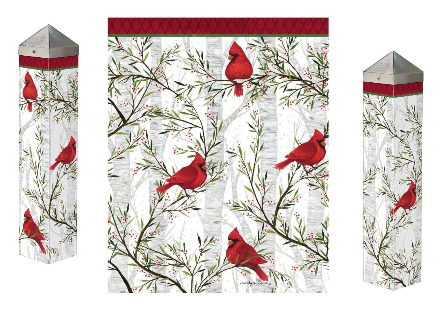 Cardinals In Birch Art Pole 20 Inches Tall Winter