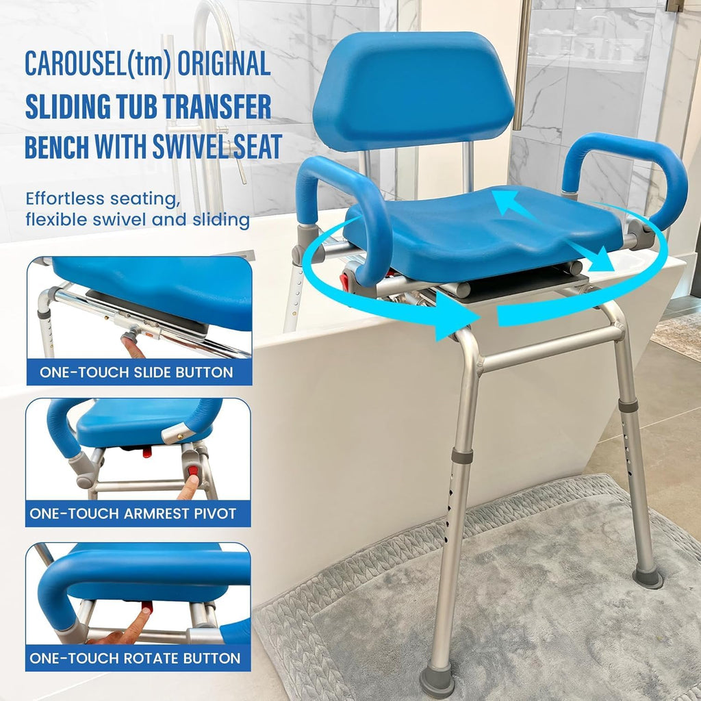 Carousel Sliding Shower Chair Tub Transfer Bench with Swivel Seat, Premium Padded, Pivoting Arms, Adjustable Space Saving Design for Tubs, Inside Shower, for Handicap & Seniors, Blue
