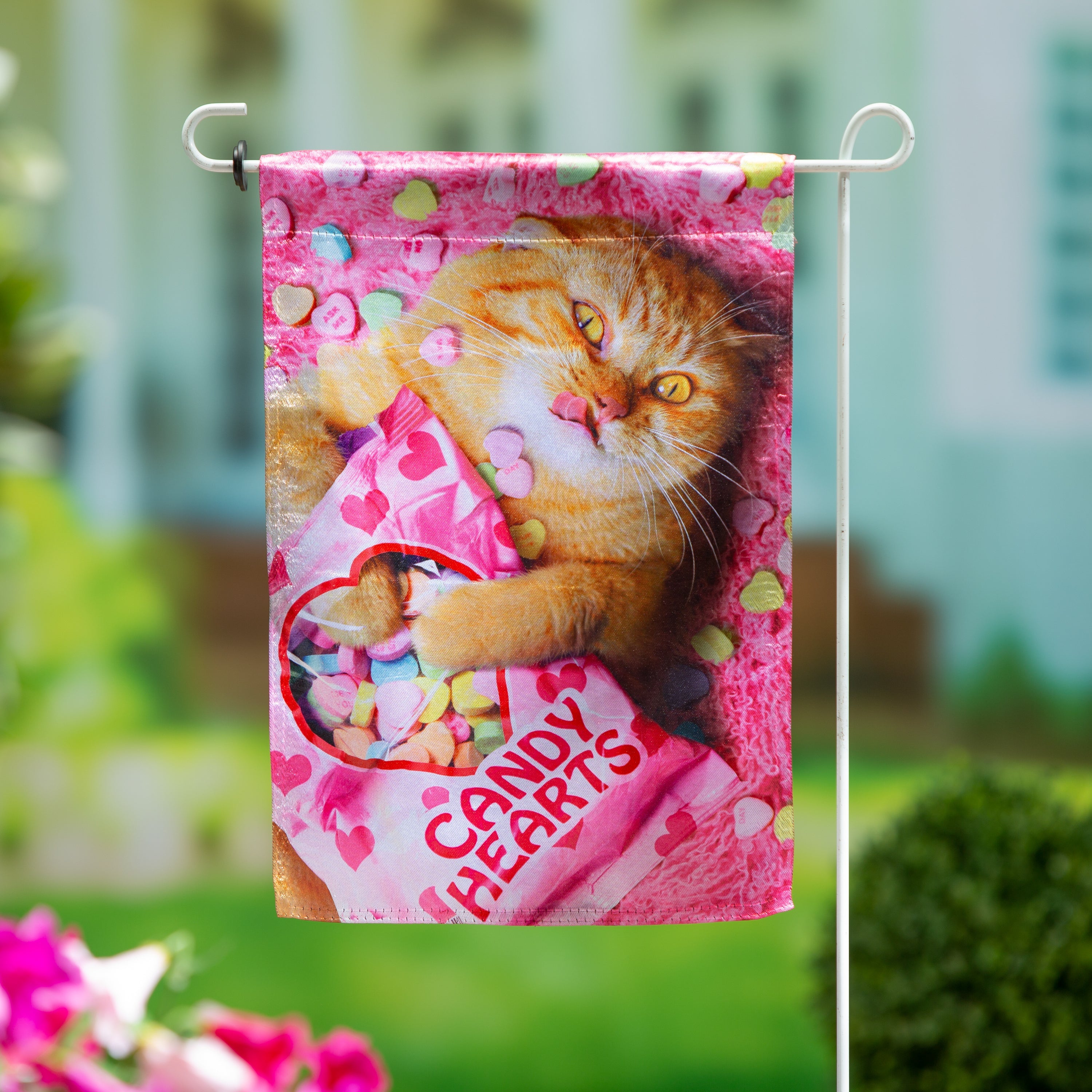 Cat With Candy Heart Valentine Garden Flag 2 Sided
