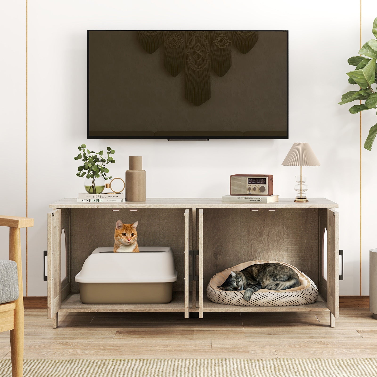 Cat Litter Box Enclosure for 2 Cats Modern Kitty Litter Box Furniture Hidden