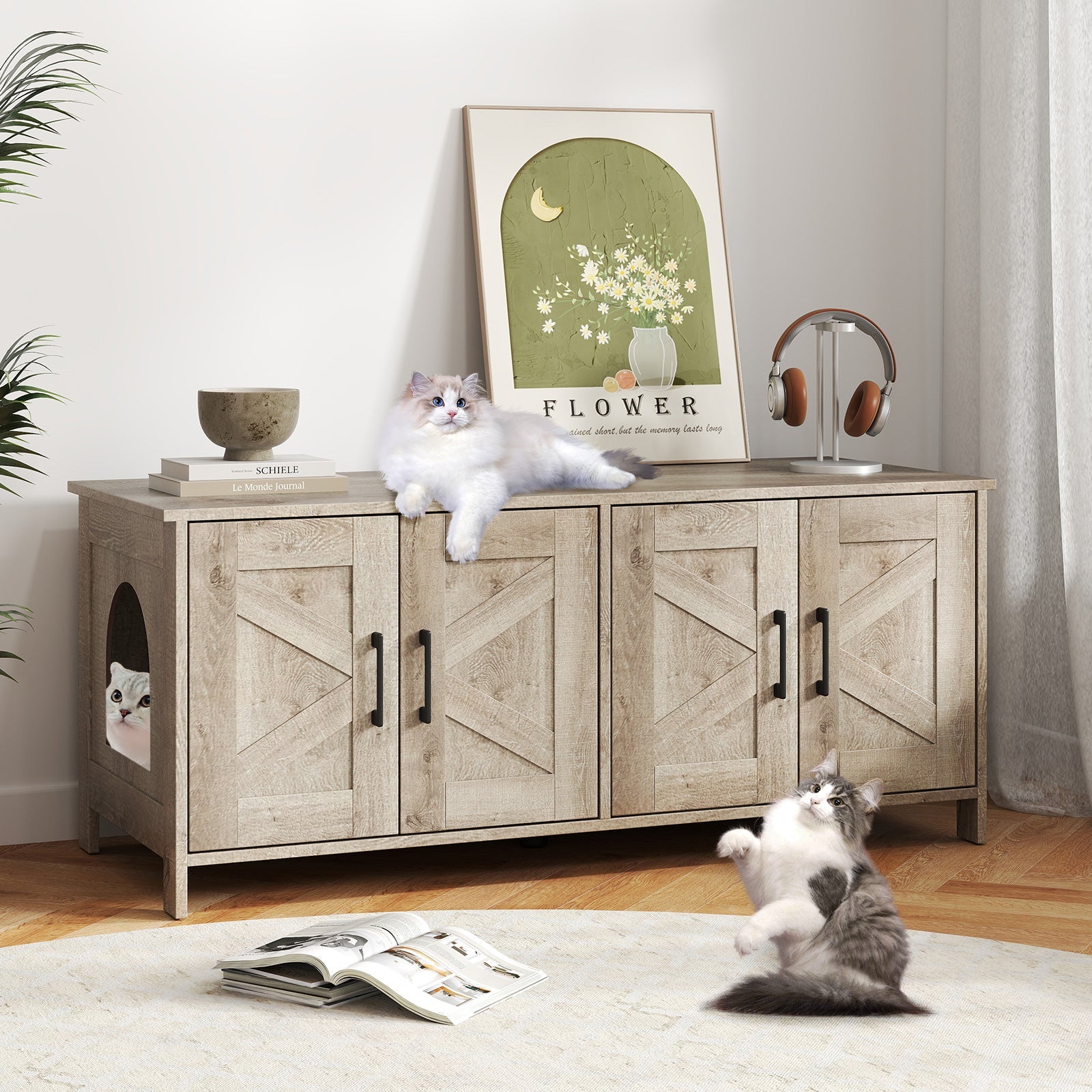 Cat Litter Box Enclosure for 2 Cats Modern Kitty Litter Box Furniture Hidden-Oak