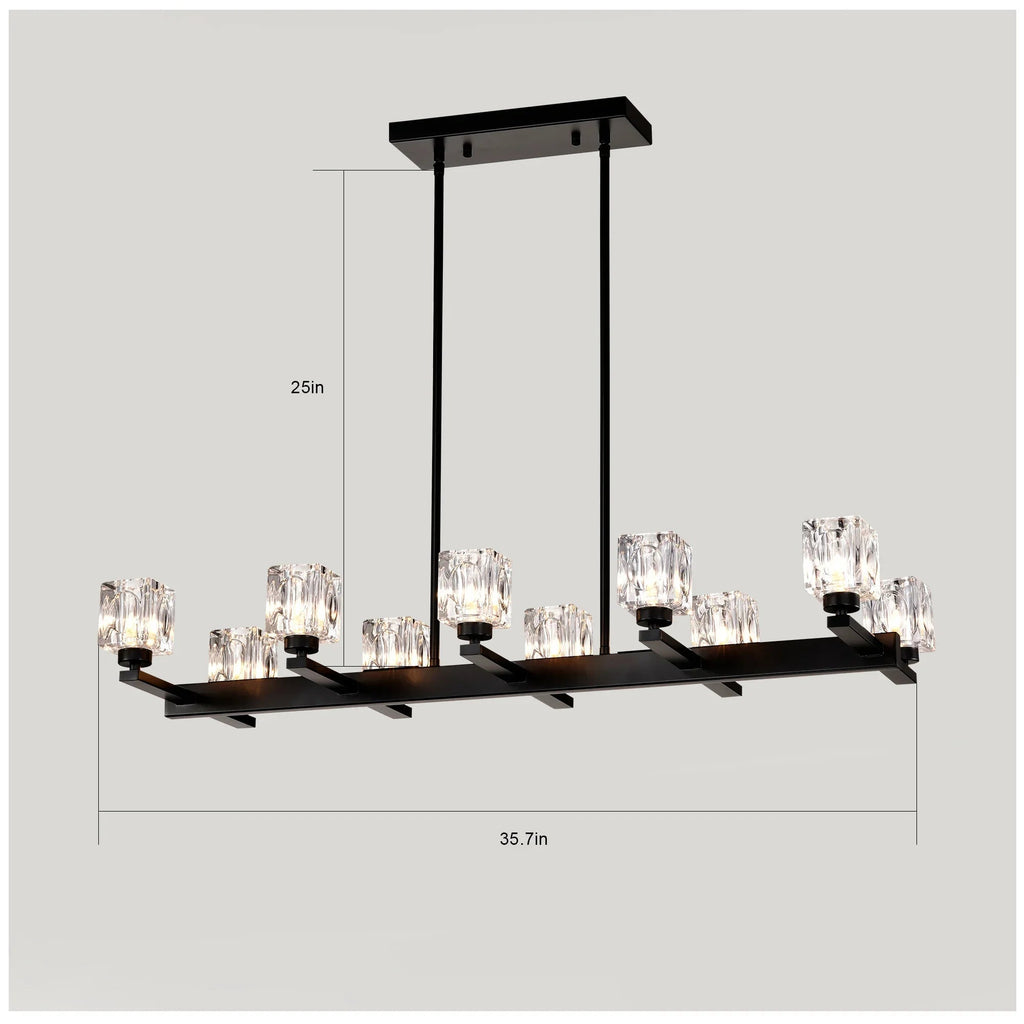 10-Light Black Linear Crystal Chandelier | Farmhouse Modern Pendant Light for Dining Room, Kitchen Island & Living Room — 35.67" Wide