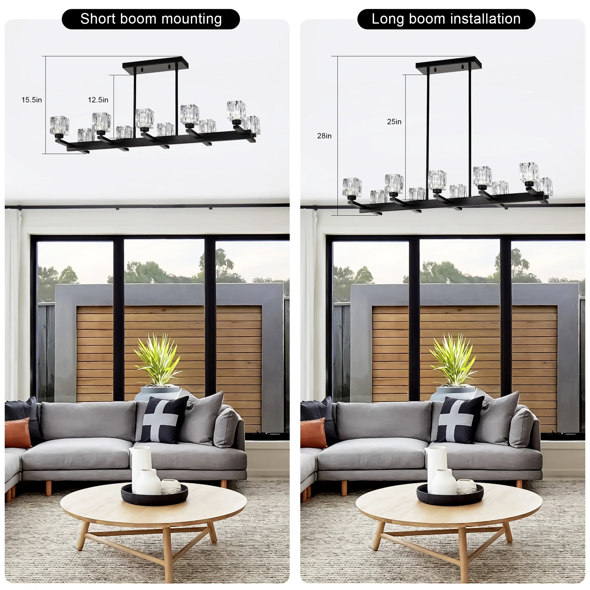 10-Light Black Linear Crystal Chandelier | Farmhouse Modern Pendant Light for Dining Room, Kitchen Island & Living Room — 35.67" Wide