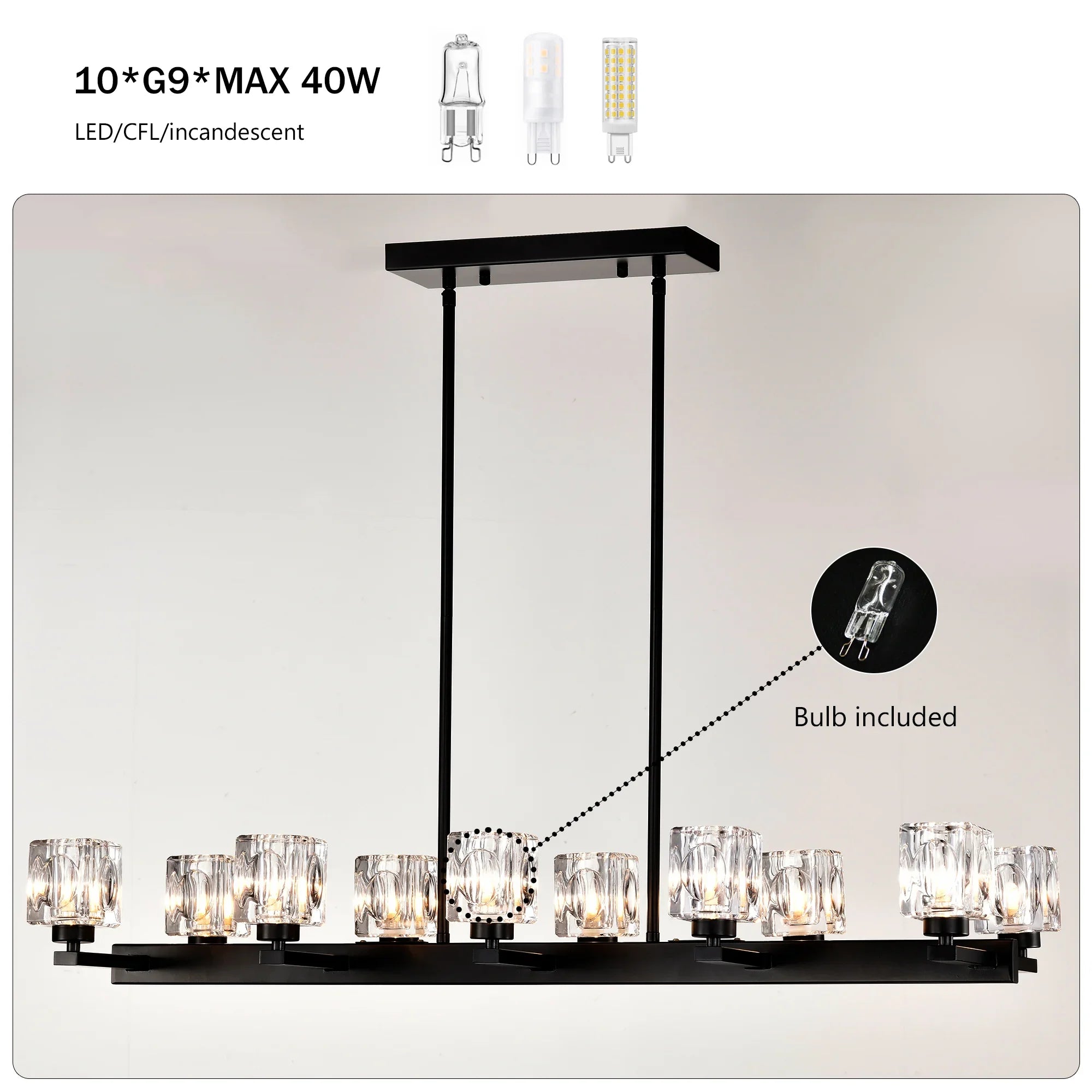 10-Light Black Linear Crystal Chandelier | Farmhouse Modern Pendant Light for Dining Room, Kitchen Island & Living Room — 35.67" Wide
