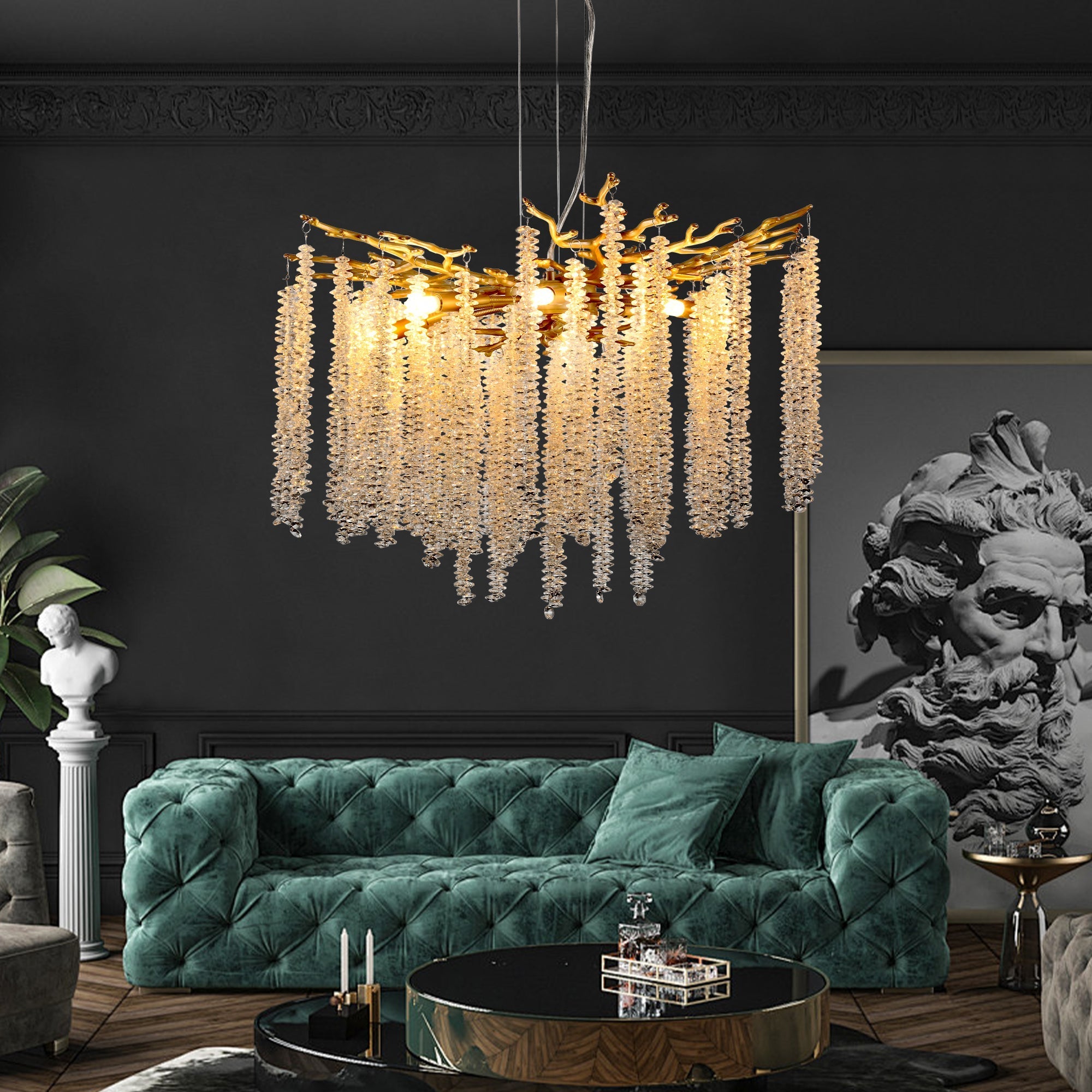 Crystal Waterfall Chandelier | 8-Light Gold Modern Ceiling Light with Cascading Crystal Strands — 24" or 39", Living Room, Dining Room & Foyer