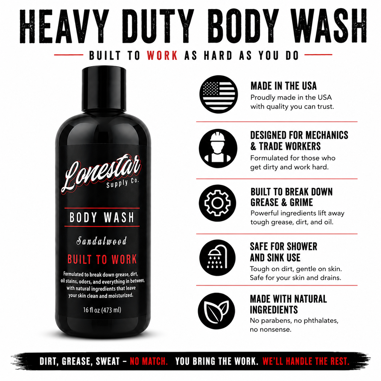 Lonestar™ Supply Co Heavy-Duty Body Wash & Hand Cleaner – Removes Grease, Oil, Dirt & Odors – For Mechanics, Welders, Construction Workers & Tradesmen – Sandalwood Scent – 16 oz
