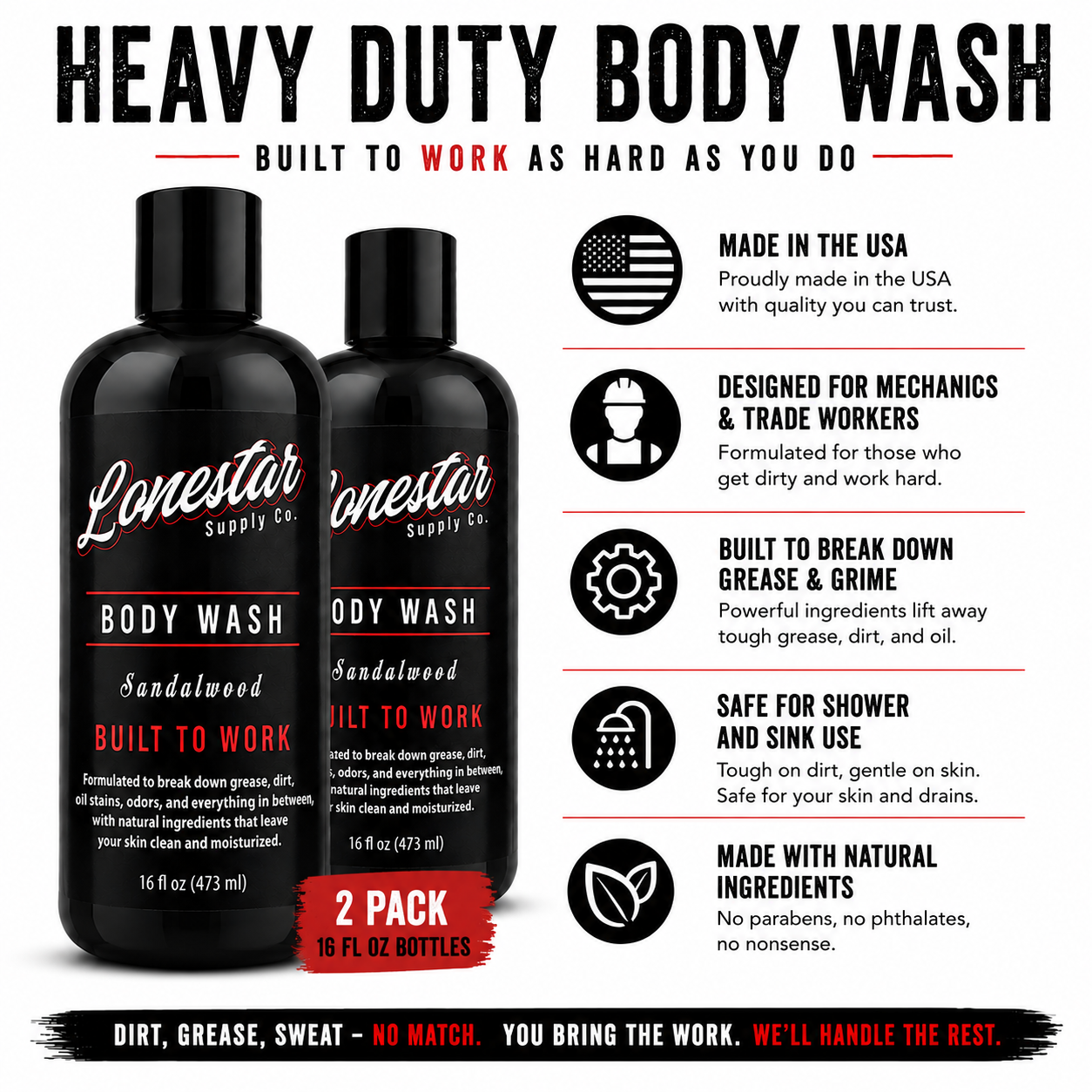 Lonestar™ Supply Co Heavy-Duty Body Wash & Hand Cleaner – Removes Grease, Oil, Dirt & Odors – For Mechanics, Welders, Construction Workers & Tradesmen – Sandalwood – 2 Pack (16 oz Each)
