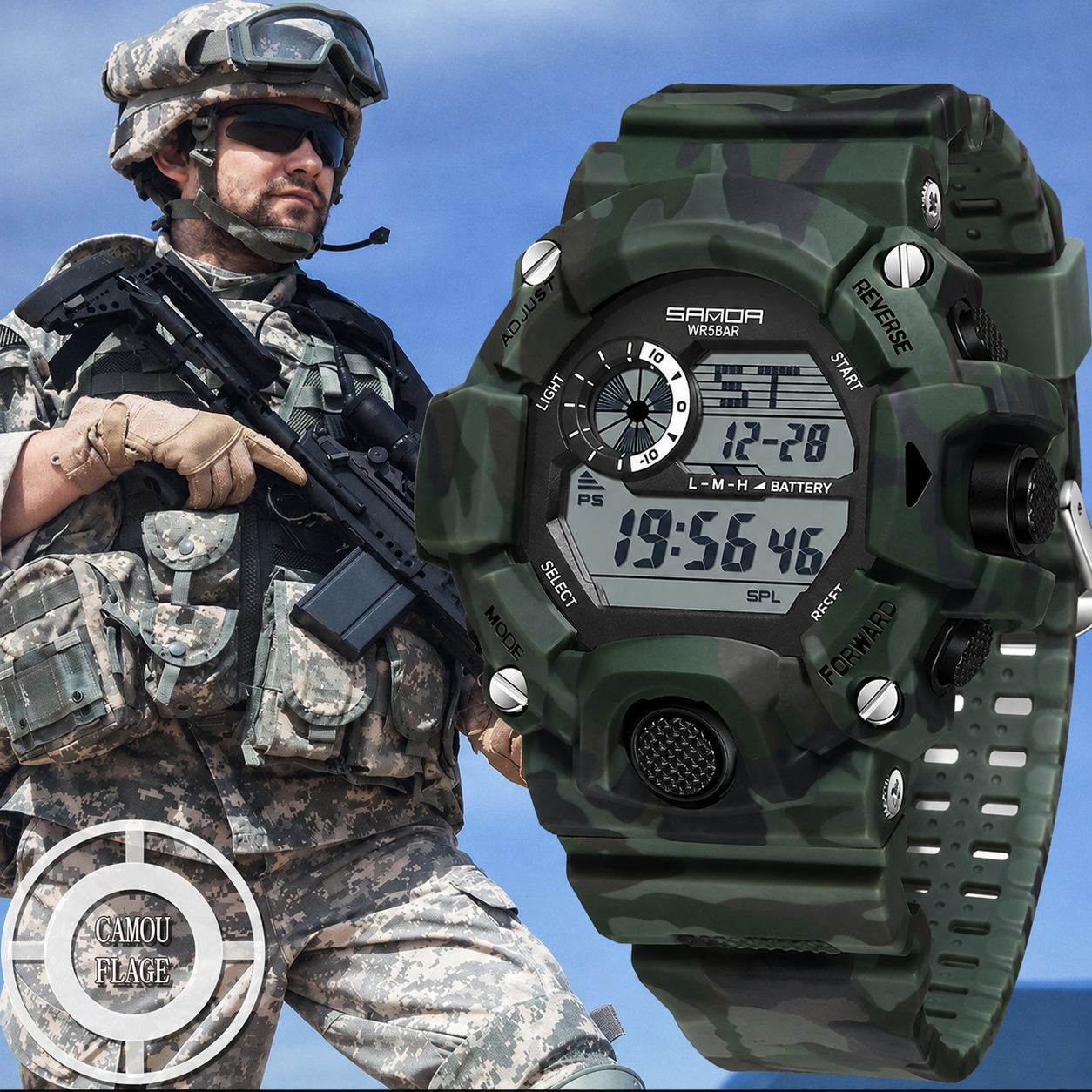 Shock Military Army Mens Watch In Camouflage  Style With LED Digital Back Light With Luminous  Effect