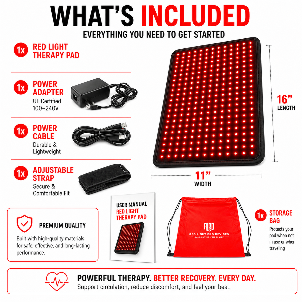 Medium Red Light Pad for Support with Pain Relief & Recovery | 16" x 11" | 1188 LEDs + 12V Car Adapter