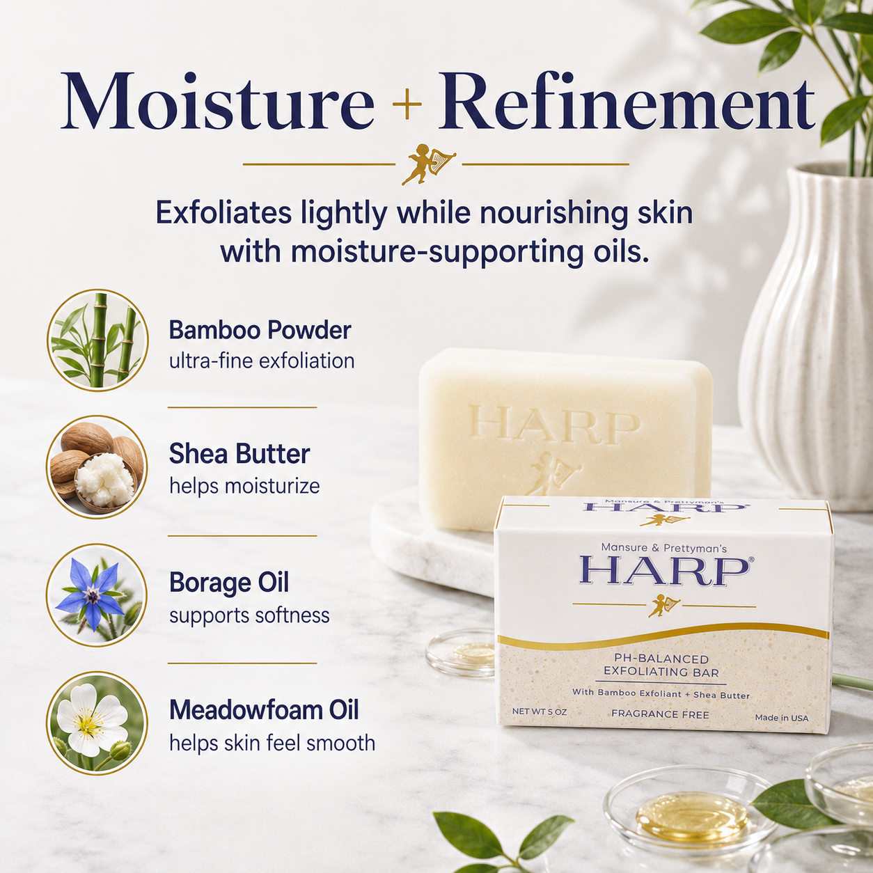 HARP® Exfoliating Body Wash Bar – pH Balanced Syndet Cleanser with Bamboo Powder, FRAGRANCE-FREE, Soap-Free & No Lye, Non-Comedogenic, Gentle Exfoliation for Smooth Skin, 5 oz