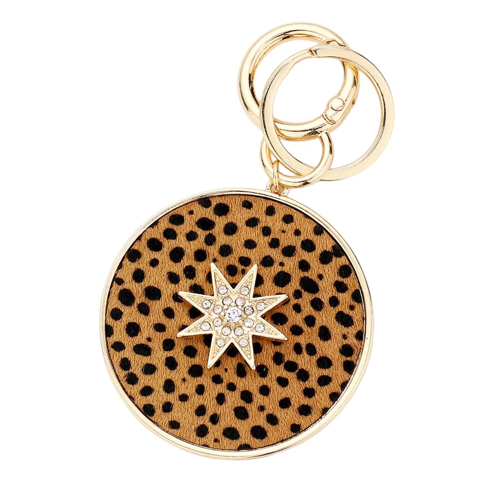 Cheetah Patterned Genuine Leather Calf Round Bag Charm
