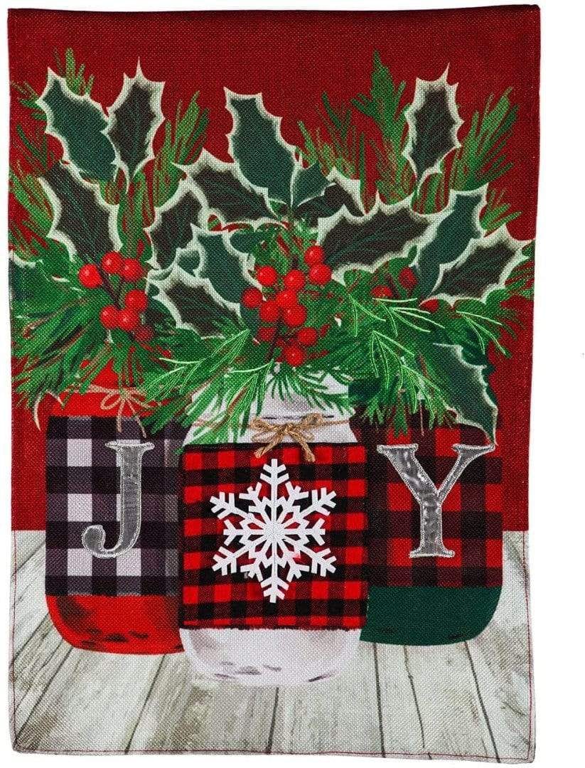 Christmas Joy Mason Jar Trio Garden Flag 2 Sided Burlap