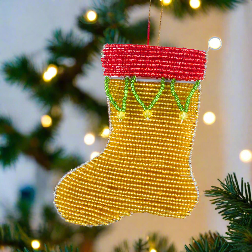 Handmade Beaded Christmas Stocking Ornament â€“ Haitian Artisan Holiday DÃ©cor