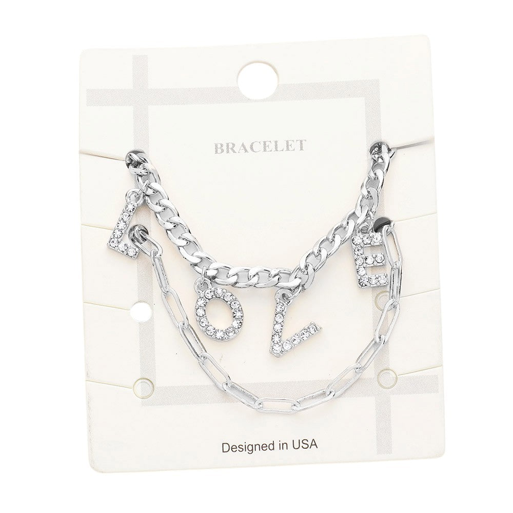 2PCS - LOVE Rhinestone Embellished Metal Chain Bracelets