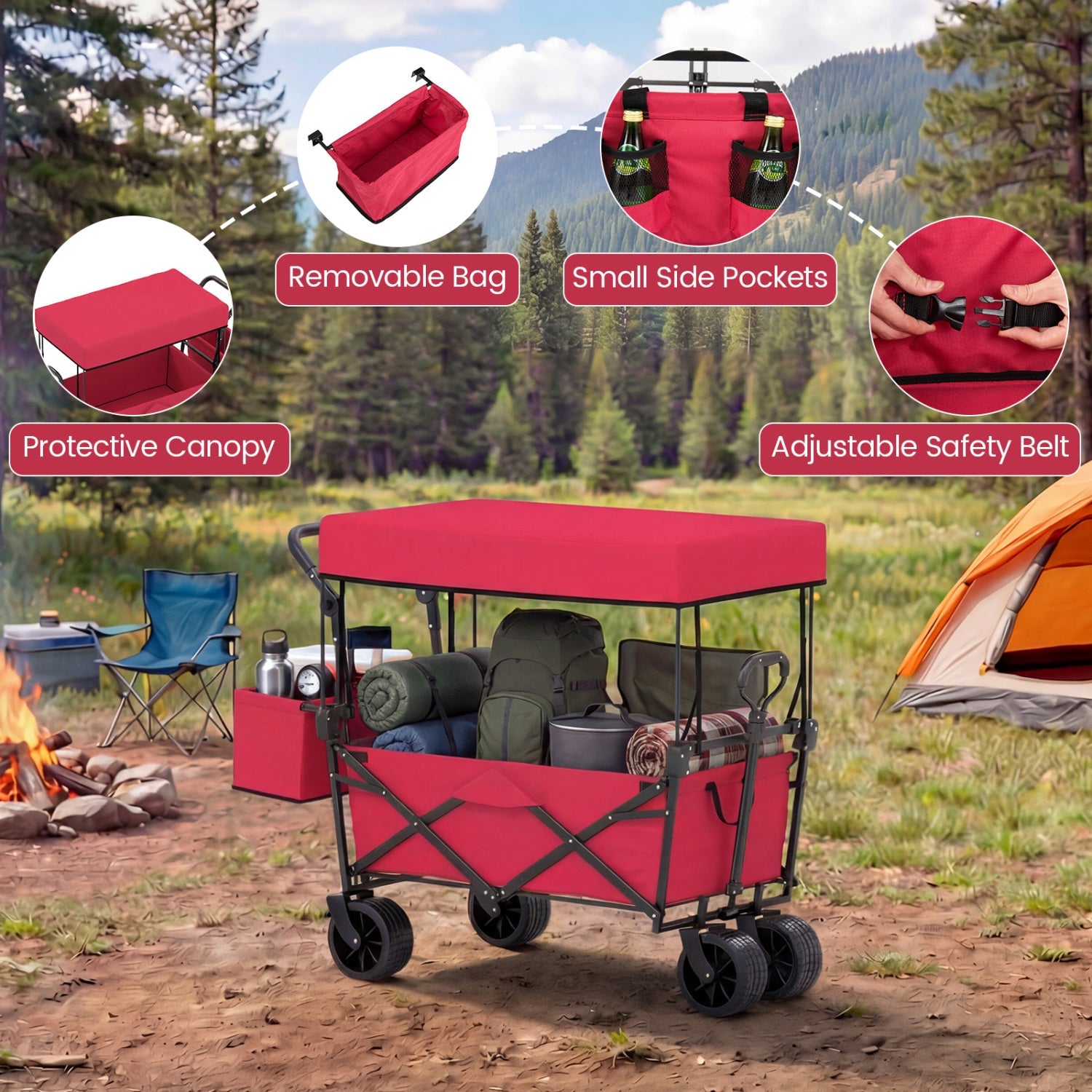 Collapsible Wagon with Removable Canopy and Detachable Storage Bag