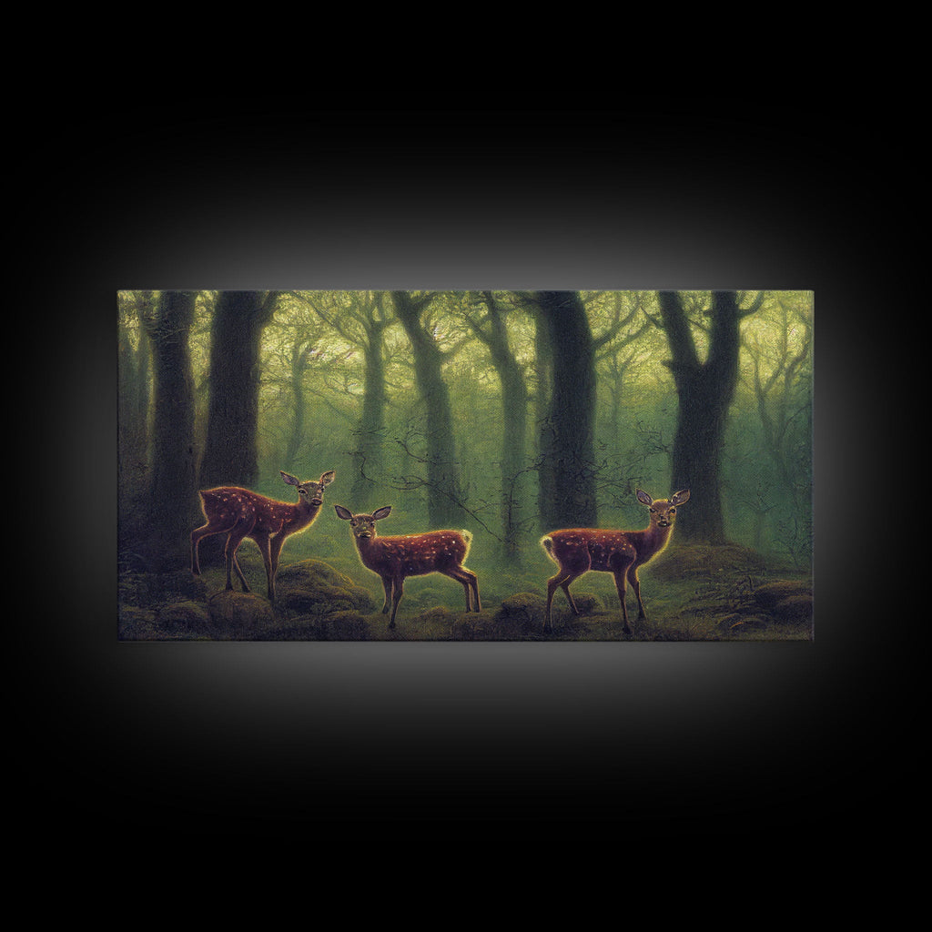 Does in a majestic forest, whitetail deer art, framed canvas print, ready to hang framed wall art