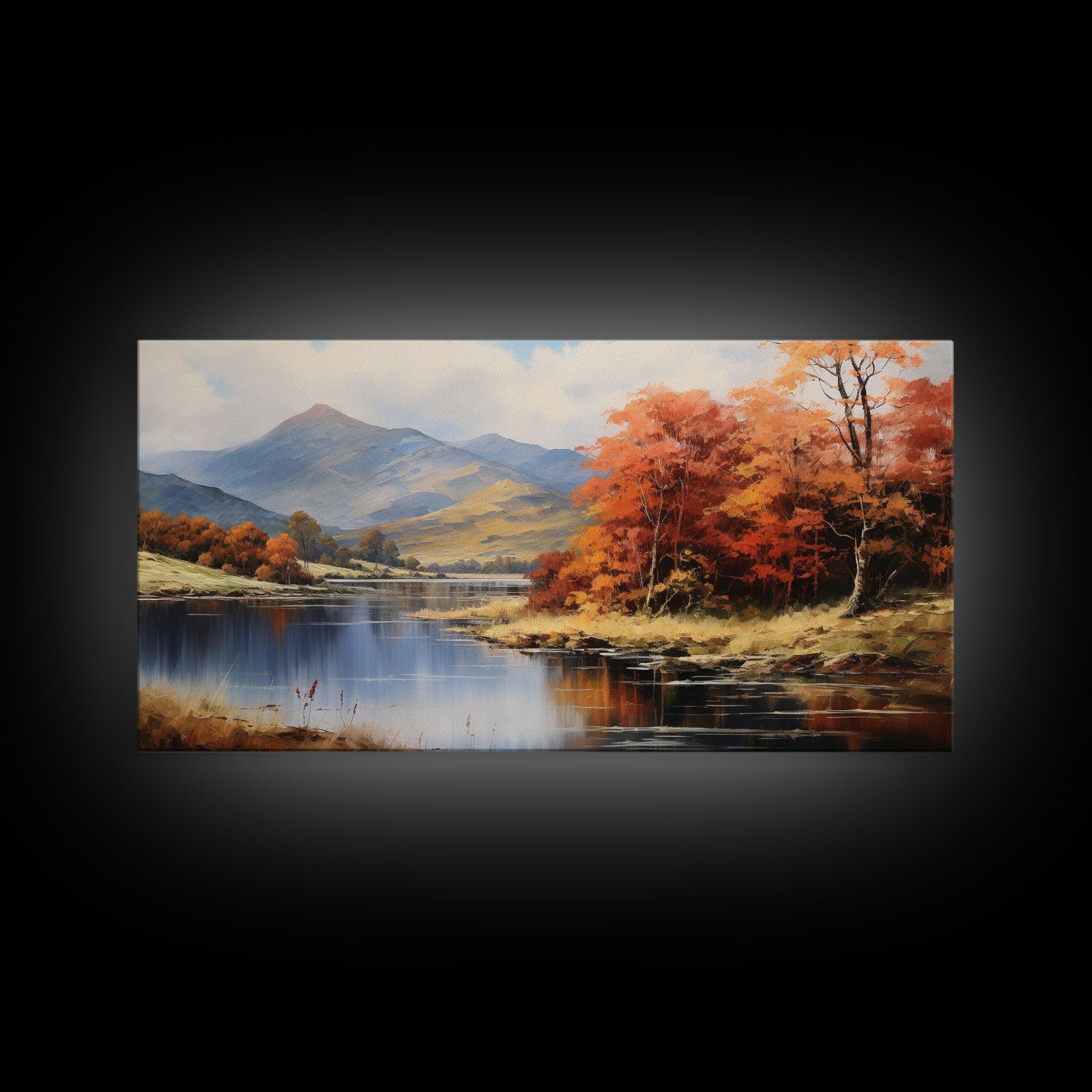 Autumn By The Lake, Framed Canvas Print, Original Landscape Painting, Fall Decor, Boho Minimalist Farmhouse Decor, Rustic Art