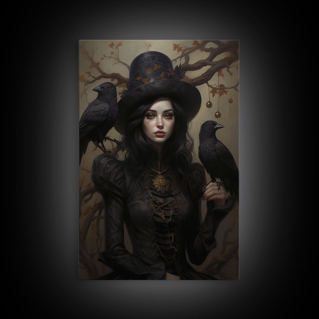 The Witch and Her Ravens, Framed Canvas, Oil Painting Print, Halloween Decor, Gothic Art, Dark Academia, Witchcraft Halloween Art