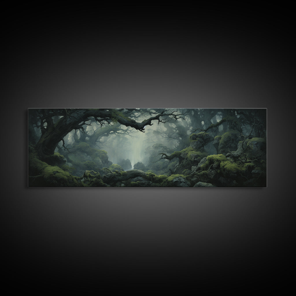 In The Forest - Ready To Hang Panoramic Foggy Pine Forest Canvas Wall Art, Nature Wall Art, Misty Green Forest Print, Modern Home Decor